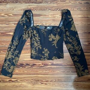Reformation Blue and Brown Long Sleeve Floral Top